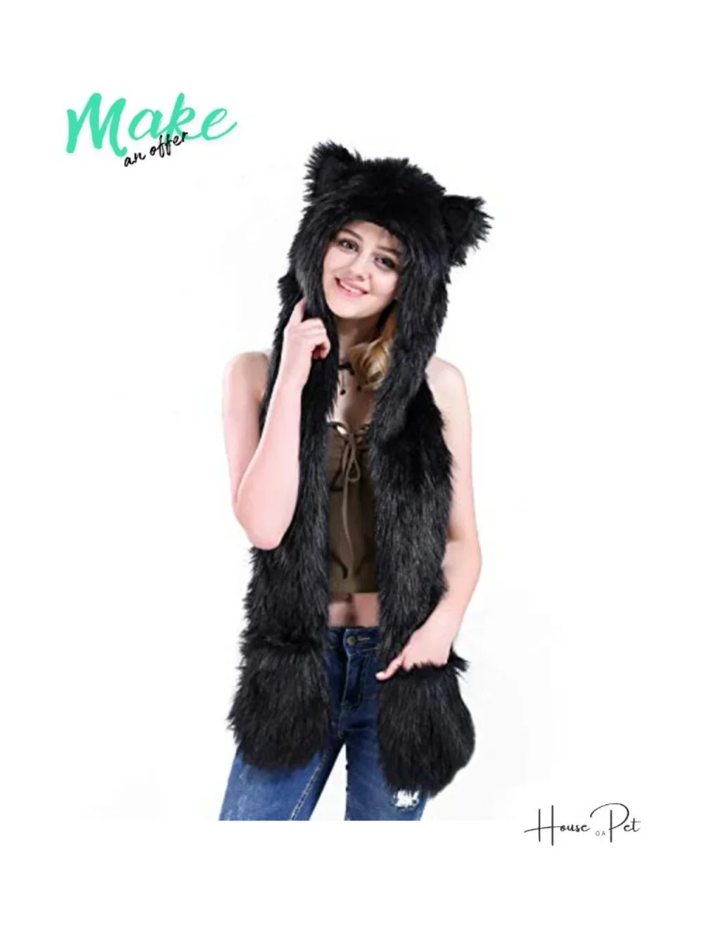 Faux Fur 3-in-1 Animal Hat Scarf Paw Gloves Set Winter Accessory